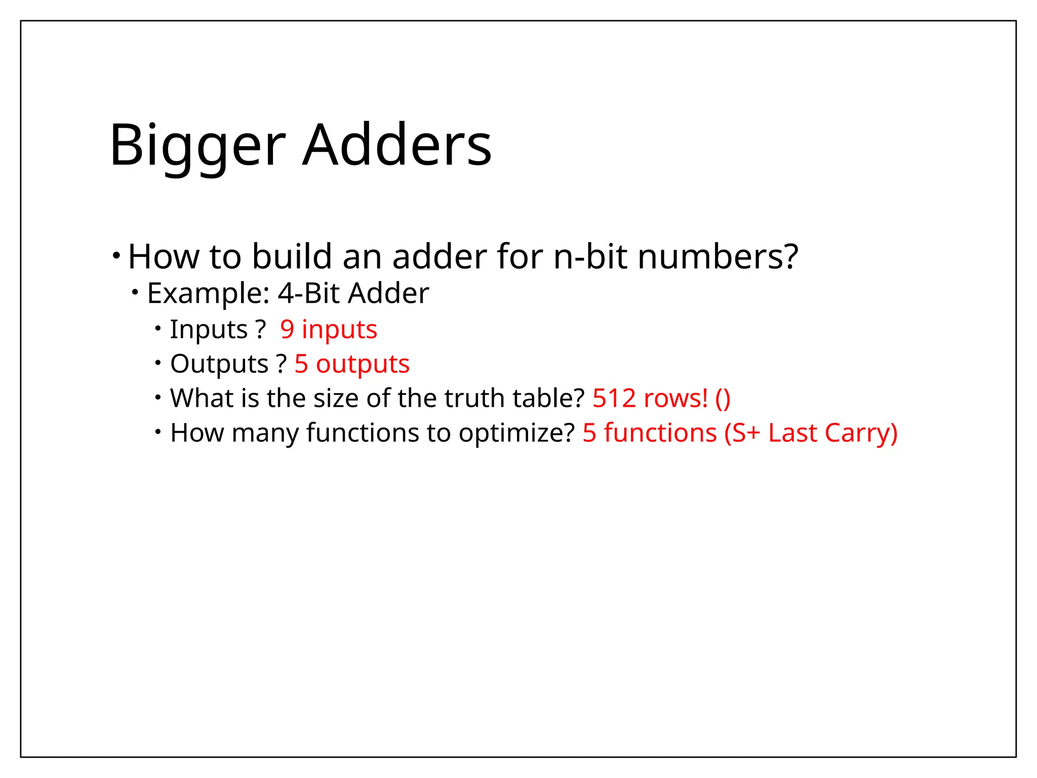 Bigger Adders
• How to build an adder for n-bit numbers?
• Example: 4-Bit Adder
• Inputs ? 9 inputs
• Outputs ? 5 outputs
• What is the size of the truth table? 512 rows! ()
• How many functions to optimize? 5 functions (S+ Last Carry)
 
