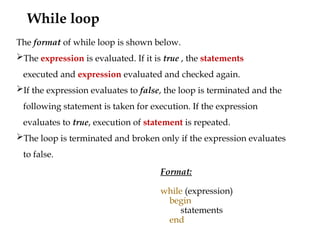While loop
Format:
while (expression)
begin
statements
end
The format of while loop is shown below.
The expression is evaluated. If it is true , the statements
executed and expression evaluated and checked again.
If the expression evaluates to false, the loop is terminated and the
following statement is taken for execution. If the expression
evaluates to true, execution of statement is repeated.
The loop is terminated and broken only if the expression evaluates
to false.
 
