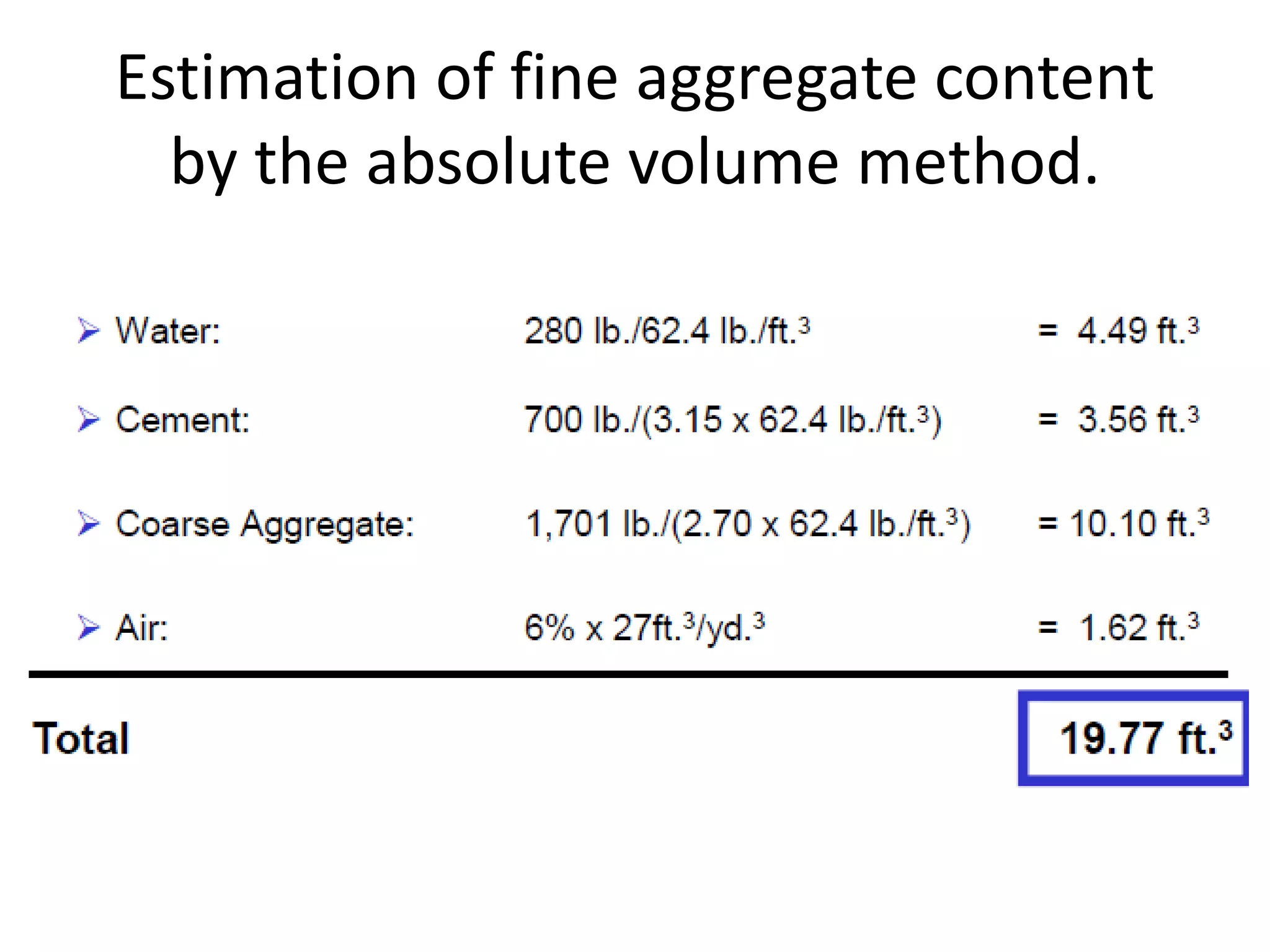 Estimation of fine aggregate content
by the absolute volume method.
 