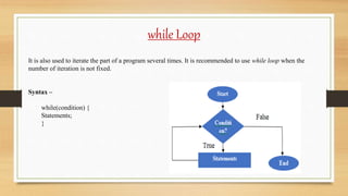while Loop
It is also used to iterate the part of a program several times. It is recommended to use while loop when the
number of iteration is not fixed.
Syntax –
while(condition) {
Statements;
}
 