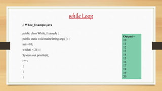 while Loop
// While_Example.java
public class While_Example {
public static void main(String args[]) {
int i=10;
while(i < 21) {
System.out.println(i);
i++;
}
}
}
Output –
10
11
12
13
14
15
16
17
18
19
20
 