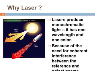 Why Laser ?
 Lasers produce
monochromatic
light -- it has one
wavelength and
one color.
 Because of the
need for coherent
interference
between the
reference and
19
 