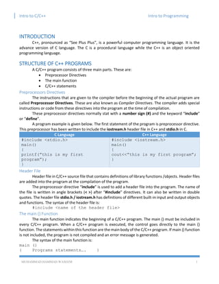 Intro to C/C++ Intro to Programming
MUHAMMAD HAMMAD WASEEM 1
INTRODUCTION
C++, pronounced as “See Plus Plus”, is a powerful computer programming language. It is the
advance version of C language. The C is a procedural language while the C++ is an object oriented
programming language.
STRUCTURE OF C++ PROGRAMS
A C/C++ program consists of three main parts. These are:
 Preprocessor Directives
 The main function
 C/C++ statements
Preprocessors Directives
The instructions that are given to the compiler before the beginning of the actual program are
called Preprocessor Directives. These are also known as Compiler Directives. The compiler adds special
instructions or code from these directives into the program at the time of compilation.
These preprocessor directives normally stat with a number sign (#) and the keyword “include”
or “define”.
A program example is given below. The first statement of the program is preprocessor directive.
This preprocessor has been written to include the iostream.h header file in C++ and stdio.h in C.
C Language C++ Language
#include <stdio.h>
main()
{
printf(”this is my first
program”);
}
#include <iostream.h>
main()
{
cout<<”this is my first program”;
}
Header File
Header file in C/C++ source file that contains definitions of library functions /objects. Header files
are added into the program at the compilation of the program.
The preprocessor directive “include” is used to add a header file into the program. The name of
the file is written in angle brackets (< >) after “#include” directives. It can also be written in double
quotes. The header file stdio.h / iostream.h has definitions of different built-in input and output objects
and functions. The syntax of the header file is:
#include <name of the header file>
The main () Function
The main function indicates the beginning of a C/C++ program. The main () must be included in
every C/C++ program. When a C/C++ program is executed, the control goes directly to the main ()
function. The statements within this function are the main body of the C/C++ program. If main () function
is not included, the program is not compiled and an error message is generated.
The syntax of the main function is:
main ()
{ Programs statements…. }
 