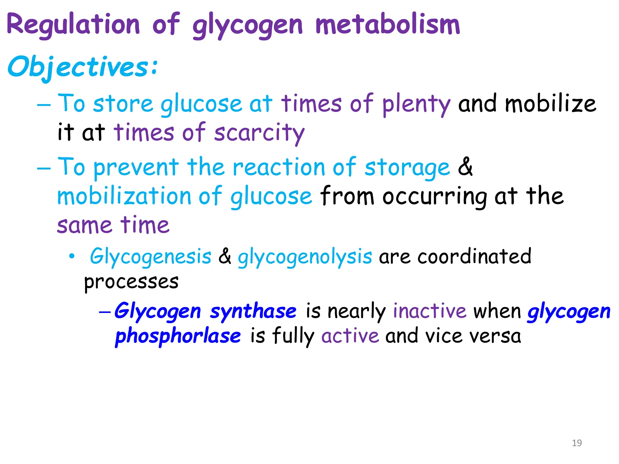 Regulation of glycogen metabolism
Objectives:
– To store glucose at times of plenty and mobilize
it at times of scarcity
– To prevent the reaction of storage &
mobilization of glucose from occurring at the
same time
• Glycogenesis & glycogenolysis are coordinated
processes
– Glycogen synthase is nearly inactive when glycogen
phosphorlase is fully active and vice versa
19
 