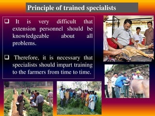  It is very difficult that
extension personnel should be
knowledgeable about all
problems.
 Therefore, it is necessary that
specialists should impart training
to the farmers from time to time.
Principle of trained specialists
 