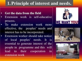 • Get the data from the field
• Extension work is self-educative
process.
• To make extension work more
effective, the peoples’ needs and
interest has to be incorporated.
• Extension worker should take notice
of local peoples’ needs. It is
essential to generate interest of the
people in programme and this will
lead to their cooperation in
extension work
1.Principle of interest and needs.
 