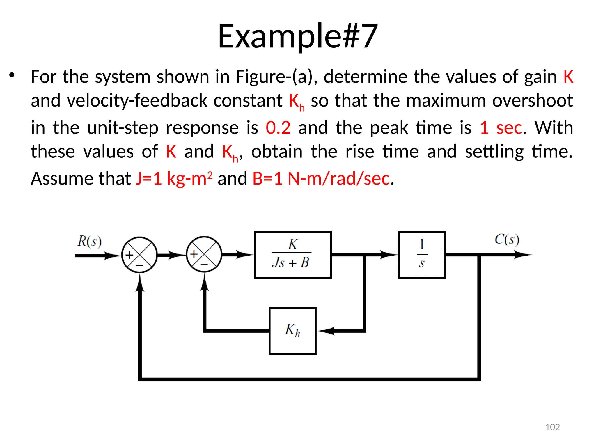 102
Example#7
• For the system shown in Figure-(a), determine the values of gain K
and velocity-feedback constant Kh so that the maximum overshoot
in the unit-step response is 0.2 and the peak time is 1 sec. With
these values of K and Kh, obtain the rise time and settling time.
Assume that J=1 kg-m2
and B=1 N-m/rad/sec.
 