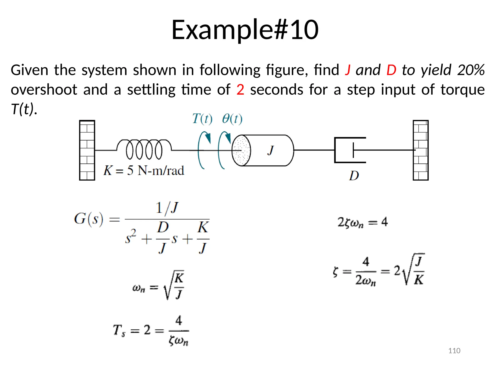 110
Example#10
Given the system shown in following figure, find J and D to yield 20%
overshoot and a settling time of 2 seconds for a step input of torque
T(t).
 