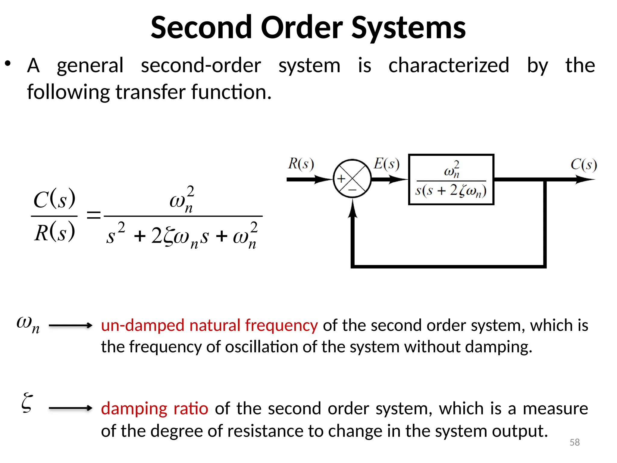58
Second Order Systems
• A general second-order system is characterized by the
following transfer function.
2
2
2
2 n
n
n
s
s
s
R
s
C






)
(
)
(
un-damped natural frequency of the second order system, which is
the frequency of oscillation of the system without damping.
n

damping ratio of the second order system, which is a measure
of the degree of resistance to change in the system output.

 