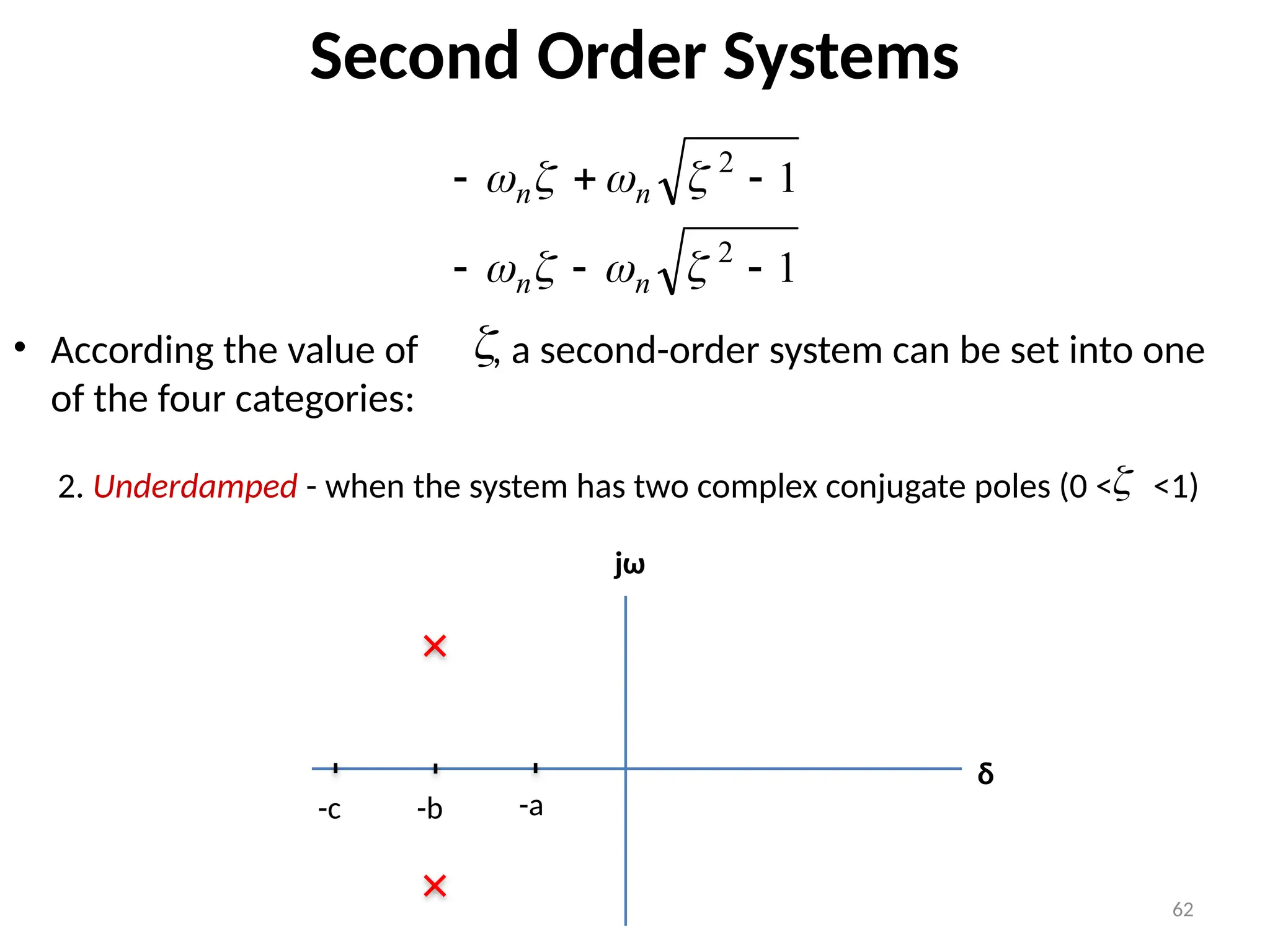 62
Second Order Systems
• According the value of , a second-order system can be set into one
of the four categories:
1
1
2
2














n
n
n
n

2. Underdamped - when the system has two complex conjugate poles (0 < <1)

-a
-b
-c
δ
jω
 