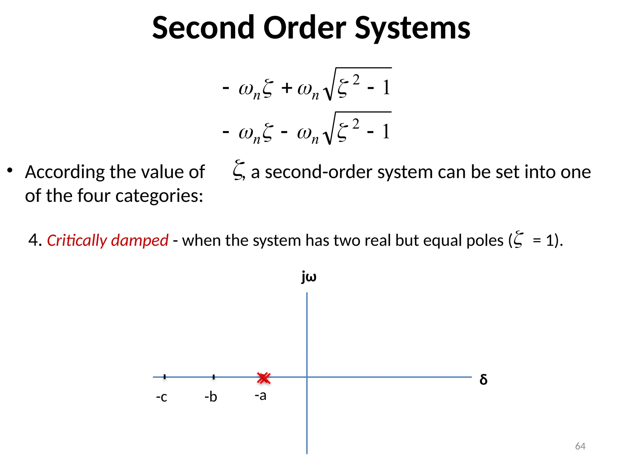 64
Second Order Systems
• According the value of , a second-order system can be set into one
of the four categories:
1
1
2
2














n
n
n
n

4. Critically damped - when the system has two real but equal poles ( = 1).

-a
-b
-c
δ
jω
 