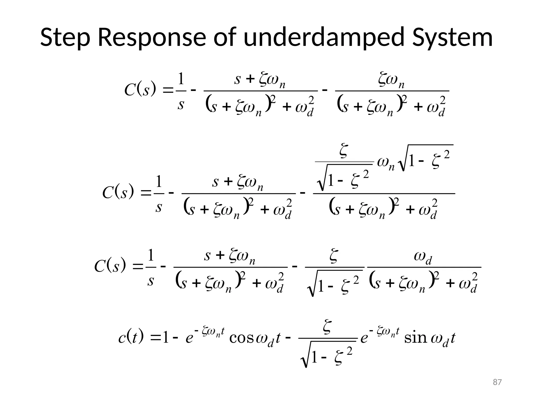 87
Step Response of underdamped System
    2
2
2
2
1
d
n
n
d
n
n
s
s
s
s
s
C














)
(
    2
2
2
2
2
2
1
1
1
d
n
n
d
n
n
s
s
s
s
s
C



















)
(
    2
2
2
2
2
1
1
d
n
d
d
n
n
s
s
s
s
s
C

















)
(
t
e
t
e
t
c d
t
d
t n
n



 

sin
cos
)
( 





2
1
1
 