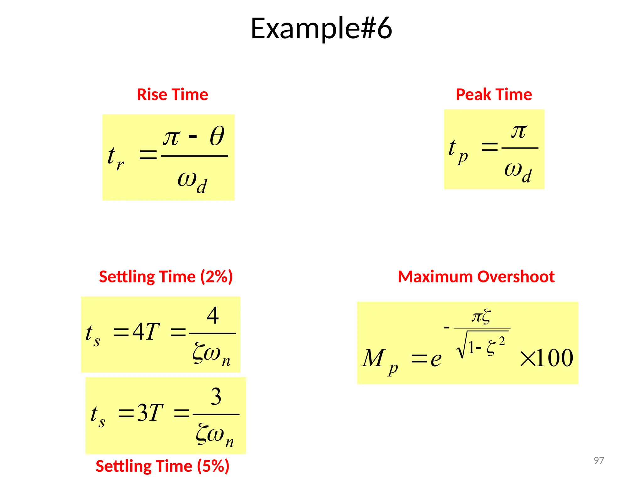 97
Example#6
n
s T
t

4
4 

100
2
1






e
M p
d
p
t



d
r
t


 

Rise Time Peak Time
Settling Time (2%) Maximum Overshoot
n
s T
t

3
3 

Settling Time (5%)
 