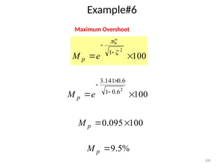100
Example#6
100
2
1






e
M p
Maximum Overshoot
100
2
6
0
1
6
0
141
3

 


.
.
.
e
M p
100
095
0 
 .
p
M
%
.5
9

p
M
 