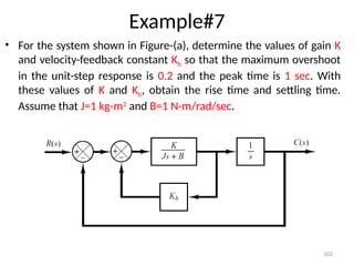 102
Example#7
• For the system shown in Figure-(a), determine the values of gain K
and velocity-feedback constant Kh so that the maximum overshoot
in the unit-step response is 0.2 and the peak time is 1 sec. With
these values of K and Kh, obtain the rise time and settling time.
Assume that J=1 kg-m2
and B=1 N-m/rad/sec.
 