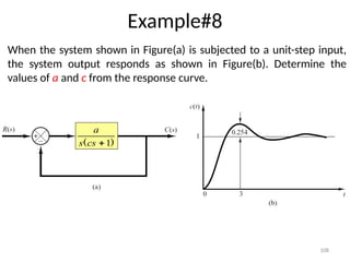 108
Example#8
When the system shown in Figure(a) is subjected to a unit-step input,
the system output responds as shown in Figure(b). Determine the
values of a and c from the response curve.
)
( 1

cs
s
a
 