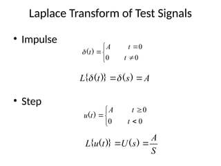 Laplace Transform of Test Signals
• Impulse
• Step






0
0
0
t
t
A
t)
(

A
s
t
L 
 )
(
)}
(
{ 







0
0
0
t
t
A
t
u )
(
S
A
s
U
t
u
L 
 )
(
)}
(
{
 