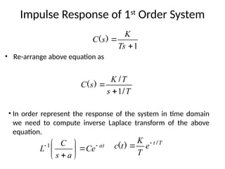 Impulse Response of 1st
Order System
• Re-arrange above equation as
1


Ts
K
s
C )
(
T
s
T
K
s
C
/
/
)
(
1


T
t
e
T
K
t
c /
)
( 

• In order represent the response of the system in time domain
we need to compute inverse Laplace transform of the above
equation.
at
Ce
a
s
C
L 









1
 