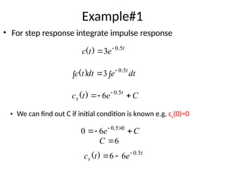 Example#1
• For step response integrate impulse response
t
e
t
c 5
0
3 .
)
( 

dt
e
dt
t
c t



 5
0
3 .
)
(
C
e
t
c t
s 

  5
0
6 .
)
(
• We can find out C if initial condition is known e.g. cs(0)=0
C
e 

 
 0
5
0
6
0 .
6

C
t
s e
t
c 5
0
6
6 .
)
( 


 