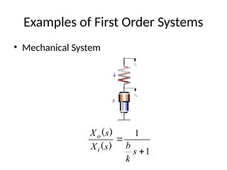 Examples of First Order Systems
• Mechanical System
1
1


s
k
b
s
X
s
X
i
o
)
(
)
(
 