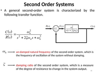 58
Second Order Systems
• A general second-order system is characterized by the
following transfer function.
2
2
2
2 n
n
n
s
s
s
R
s
C






)
(
)
(
un-damped natural frequency of the second order system, which is
the frequency of oscillation of the system without damping.
n

damping ratio of the second order system, which is a measure
of the degree of resistance to change in the system output.

 