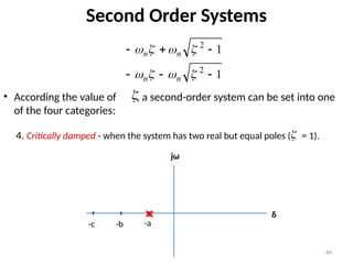 64
Second Order Systems
• According the value of , a second-order system can be set into one
of the four categories:
1
1
2
2














n
n
n
n

4. Critically damped - when the system has two real but equal poles ( = 1).

-a
-b
-c
δ
jω
 