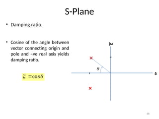 68
S-Plane
δ
jω
• Damping ratio.
• Cosine of the angle between
vector connecting origin and
pole and –ve real axis yields
damping ratio.


 cos

 