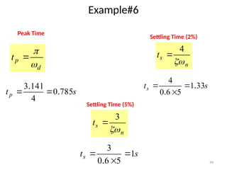 99
Example#6
n
s
t

4

d
p
t



Peak Time
Settling Time (2%)
n
s
t

3

Settling Time (5%)
s
tp 785
0
4
141
3
.
.


s
ts 33
1
5
6
0
4
.
.



s
ts 1
5
6
0
3



.
 