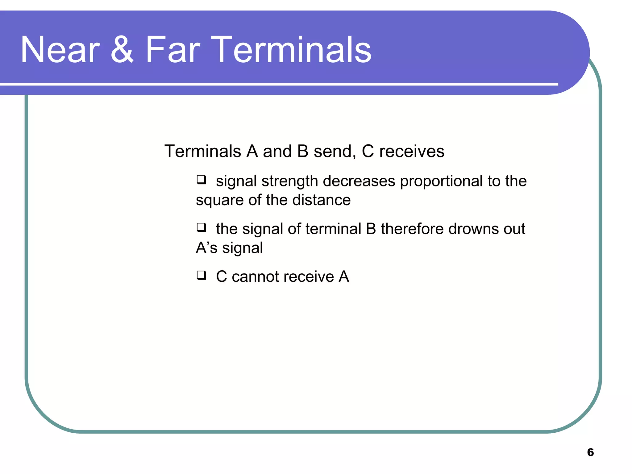 Near & Far Terminals Terminals A and B send, C receives signal strength decreases proportional to the  square of the distance the signal of terminal B therefore drowns out  A’s signal C cannot receive A 