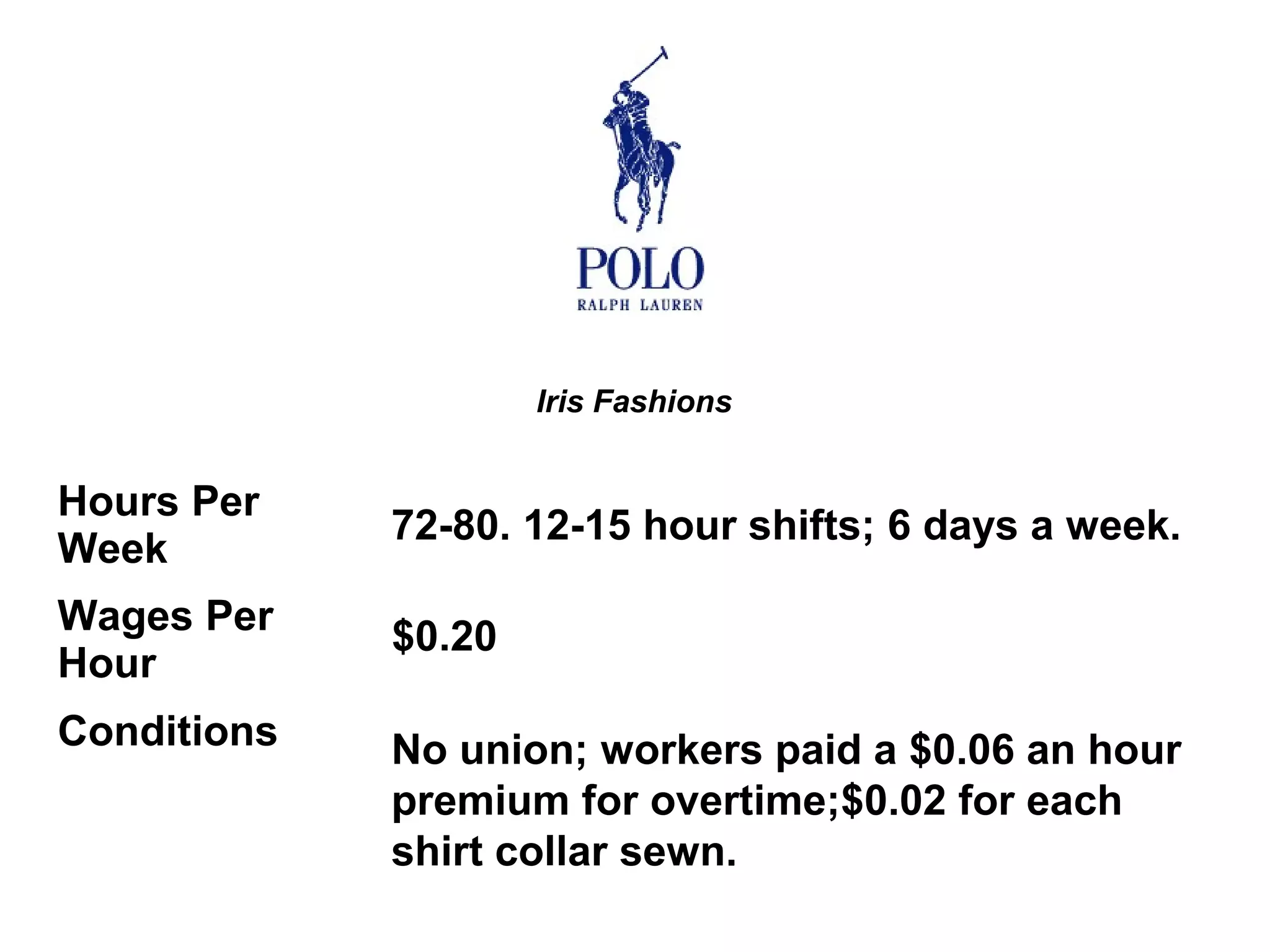 Iris Fashions


Hours Per
             72-80. 12-15 hour shifts; 6 days a week.
Week
Wages Per    $0.20
Hour
Conditions   No union; workers paid a $0.06 an hour
             premium for overtime;$0.02 for each
             shirt collar sewn.
 