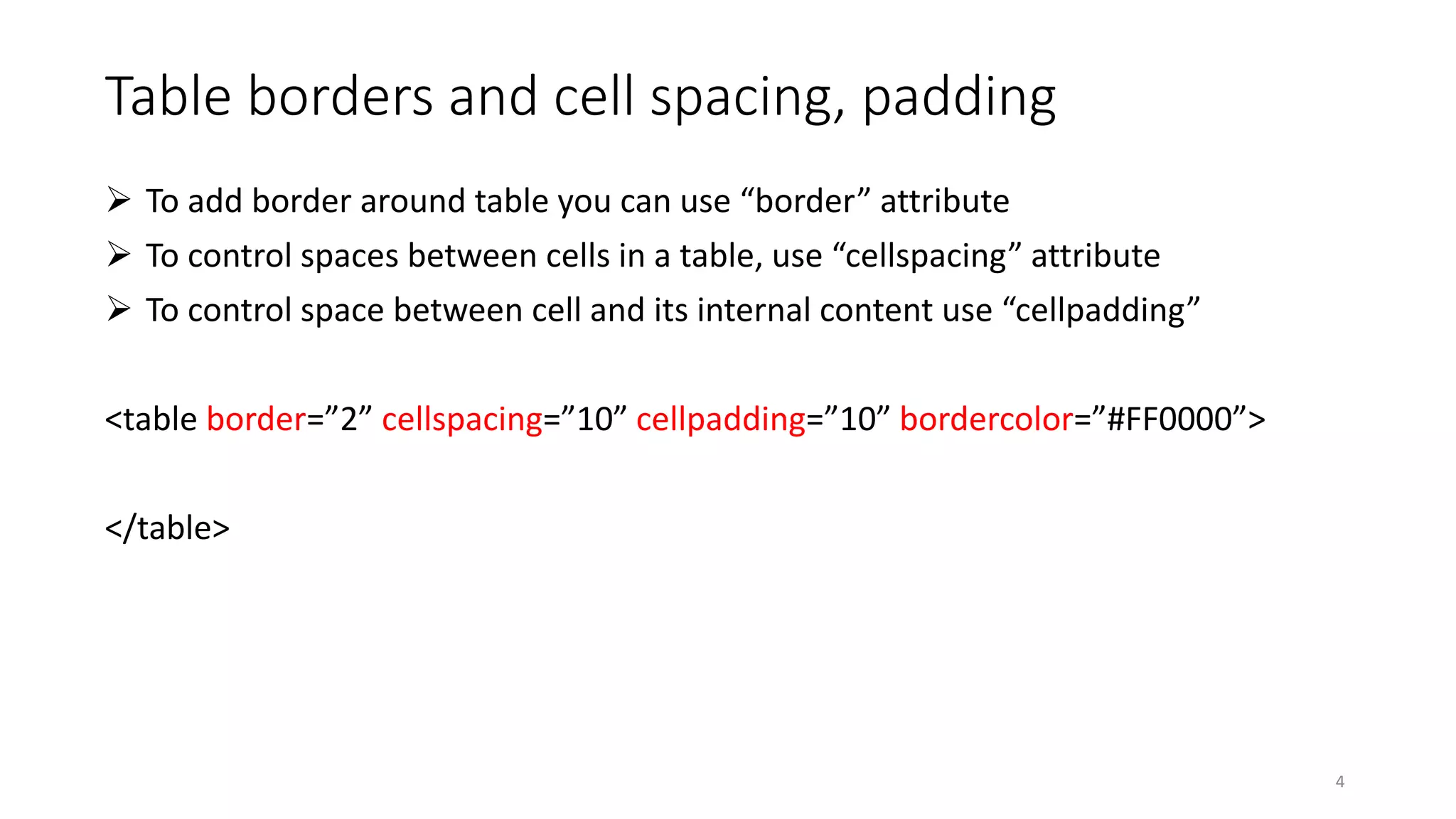 Table borders and cell spacing, padding
 To add border around table you can use “border” attribute
 To control spaces between cells in a table, use “cellspacing” attribute
 To control space between cell and its internal content use “cellpadding”
<table border=”2” cellspacing=”10” cellpadding=”10” bordercolor=”#FF0000”>
</table>
4
 