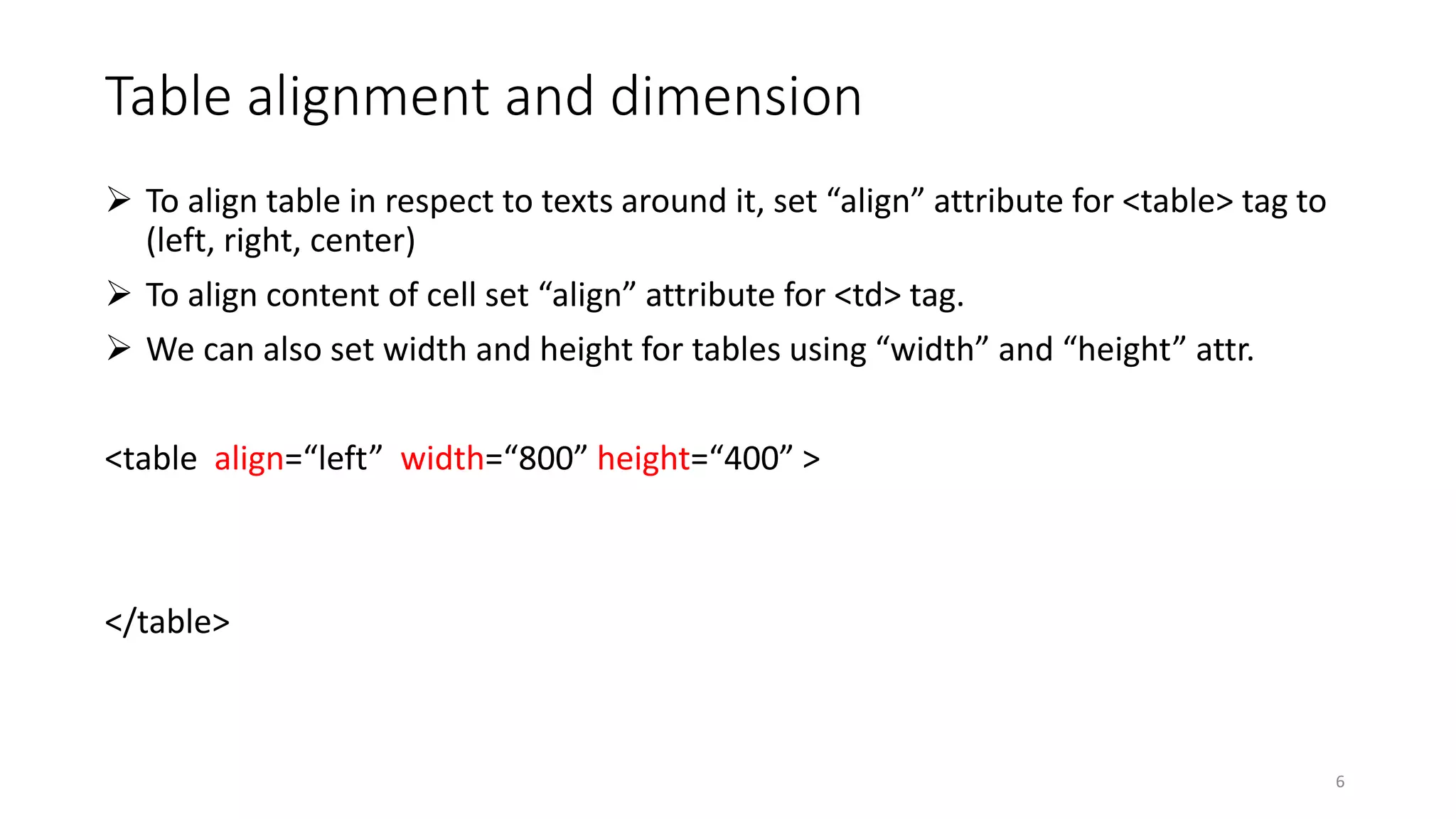 Table alignment and dimension
 To align table in respect to texts around it, set “align” attribute for <table> tag to
(left, right, center)
 To align content of cell set “align” attribute for <td> tag.
 We can also set width and height for tables using “width” and “height” attr.
<table align=“left” width=“800” height=“400” >
</table>
6
 