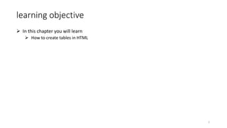 learning objective
 In this chapter you will learn
 How to create tables in HTML
2
 