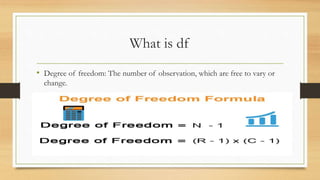 What is df
• Degree of freedom: The number of observation, which are free to vary or
change.
 
