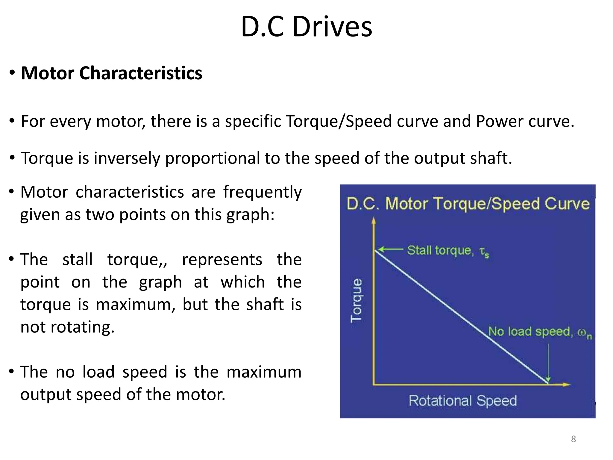 8
D.C Drives
• Motor Characteristics
• For every motor, there is a specific Torque/Speed curve and Power curve.
• Torque is inversely proportional to the speed of the output shaft.
• Motor characteristics are frequently
given as two points on this graph:
• The stall torque,, represents the
point on the graph at which the
torque is maximum, but the shaft is
not rotating.
• The no load speed is the maximum
output speed of the motor.
 
