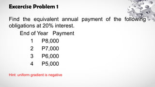 Excercise Problem 1
Find the equivalent annual payment of the following
obligations at 20% interest.
End of Year Payment
1 P8,000
2 P7,000
3 P6,000
4 P5,000
Hint: uniform gradient is negative
 