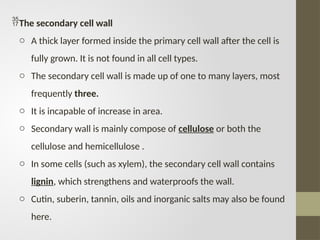 The secondary cell wall
o A thick layer formed inside the primary cell wall after the cell is
fully grown. It is not found in all cell types.
o The secondary cell wall is made up of one to many layers, most
frequently three.
o It is incapable of increase in area.
o Secondary wall is mainly compose of cellulose or both the
cellulose and hemicellulose .
o In some cells (such as xylem), the secondary cell wall contains
lignin, which strengthens and waterproofs the wall.
o Cutin, suberin, tannin, oils and inorganic salts may also be found
here.
 