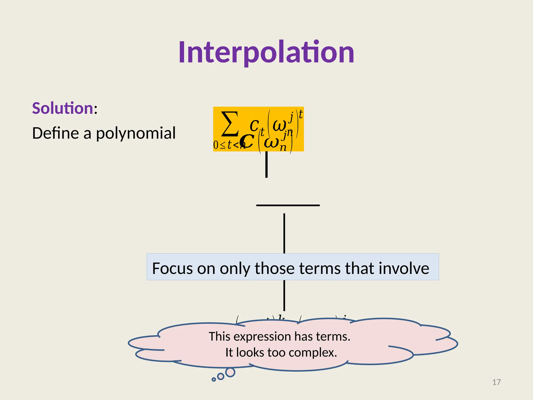 Interpolation
Solution:
Define a polynomial
17
∑
0≤ 𝑡<𝑛
𝑐𝑡 (𝜔𝑛
𝑗
)
𝑡
𝑪 (𝜔𝑛
𝑗
)
𝑐𝑘(𝜔𝑛
𝑗
)
𝑘
⋅(𝜔𝑛
ℓ
)
𝑗
Focus on only those terms that involve
This expression has terms.
It looks too complex.
 