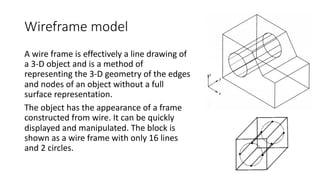 Wireframe model
A wire frame is effectively a line drawing of
a 3-D object and is a method of
representing the 3-D geometry of the edges
and nodes of an object without a full
surface representation.
The object has the appearance of a frame
constructed from wire. It can be quickly
displayed and manipulated. The block is
shown as a wire frame with only 16 lines
and 2 circles.
 