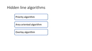 Hidden line algorithms
Priority algorithm
Area oriented algorithm
Overlay algorithm
 