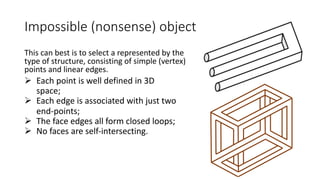 Impossible (nonsense) object
This can best is to select a represented by the
type of structure, consisting of simple (vertex)
points and linear edges.
Ø Each point is well defined in 3D
space;
Ø Each edge is associated with just two
end-points;
Ø The face edges all form closed loops;
Ø No faces are self-intersecting.
 