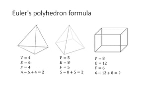 Euler's polyhedron formula
𝑉 = 8
𝐸 = 12
𝐹 = 6
6 − 12 + 8 = 2
𝑉 = 4
𝐸 = 6
𝐹 = 4
4 − 6 + 4 = 2
𝑉 = 5
𝐸 = 8
𝐹 = 5
5 − 8 + 5 = 2
 