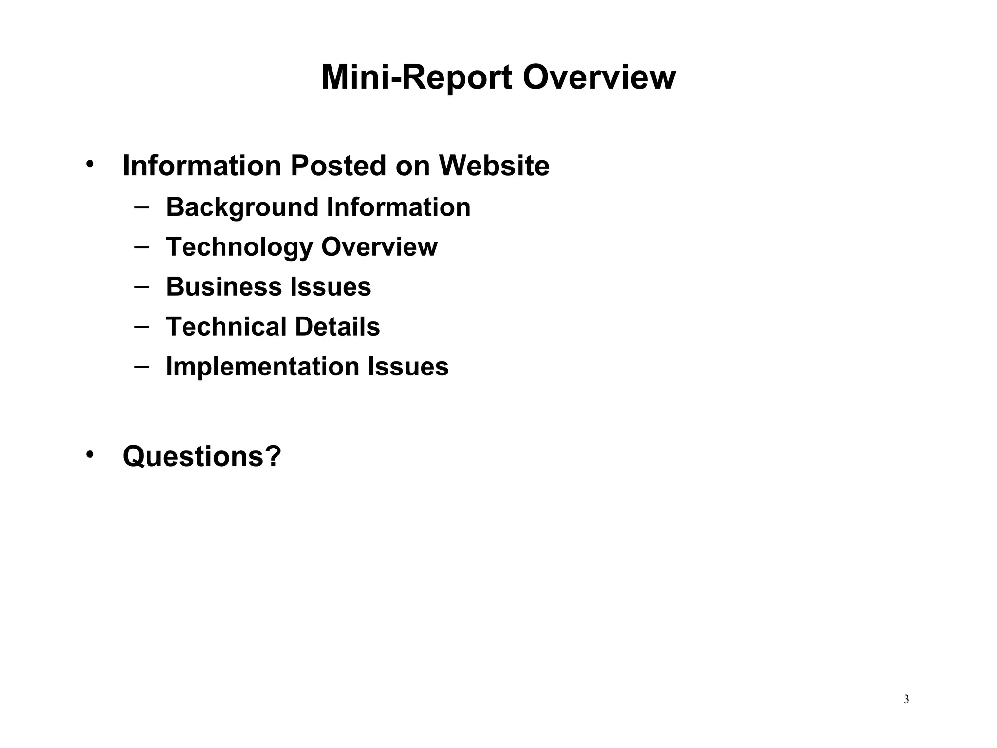 Mini-Report Overview Information Posted on Website Background Information Technology Overview Business Issues Technical Details Implementation Issues Questions? 