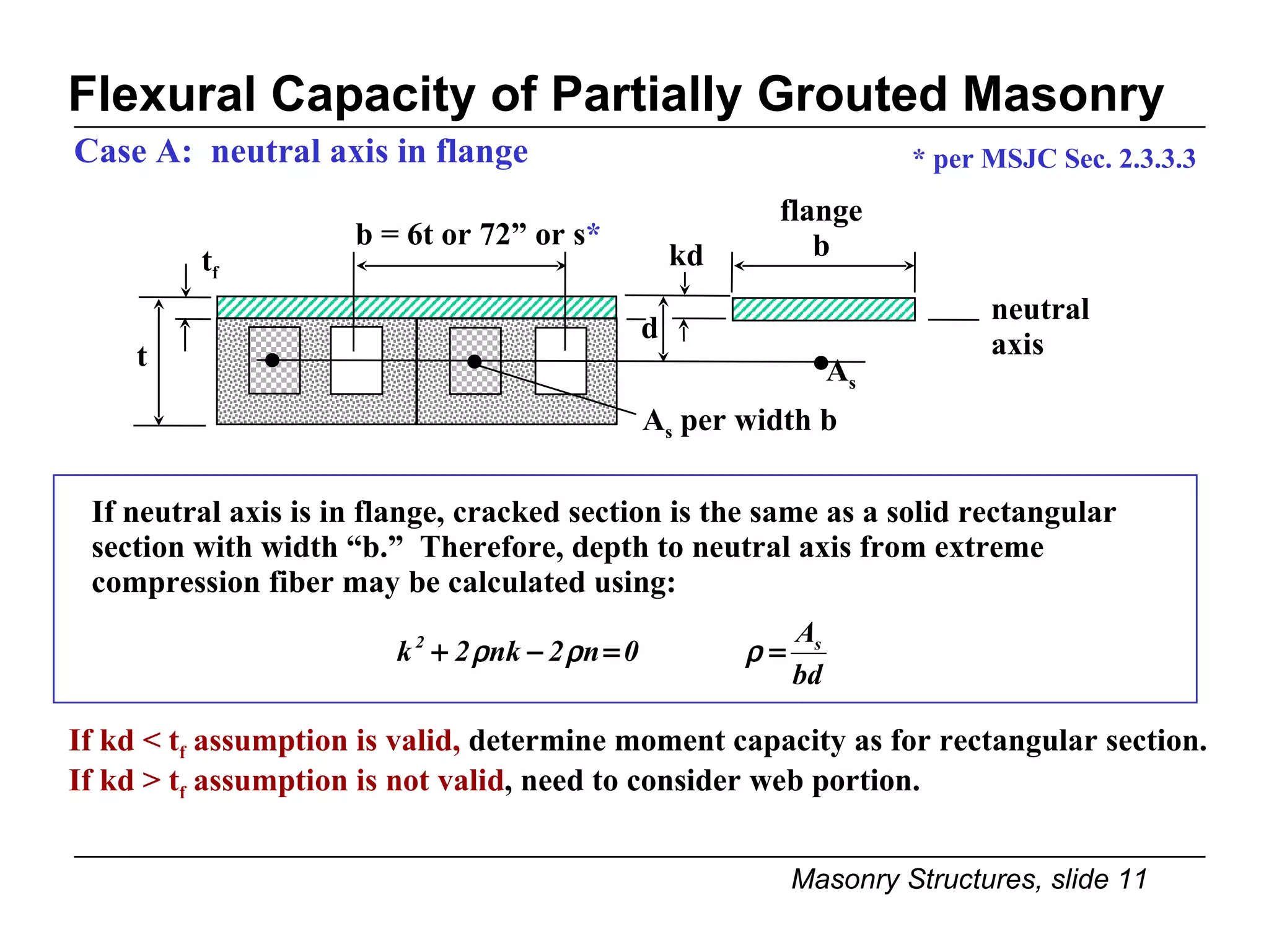 Flexural Capacity of Partially Grouted Masonry Case A:  neutral axis in flange * per MSJC Sec. 2.3.3.3 If kd < t f  assumption is valid,  determine moment capacity as for rectangular section.  If kd > t f  assumption is not valid , need to consider web portion. t t f A s  per width b b = 6t or 72” or s * A s flange b d kd neutral axis If neutral axis is in flange, cracked section is the same as a solid rectangular section with width “b.”  Therefore, depth to neutral axis from extreme compression fiber may be calculated using: 