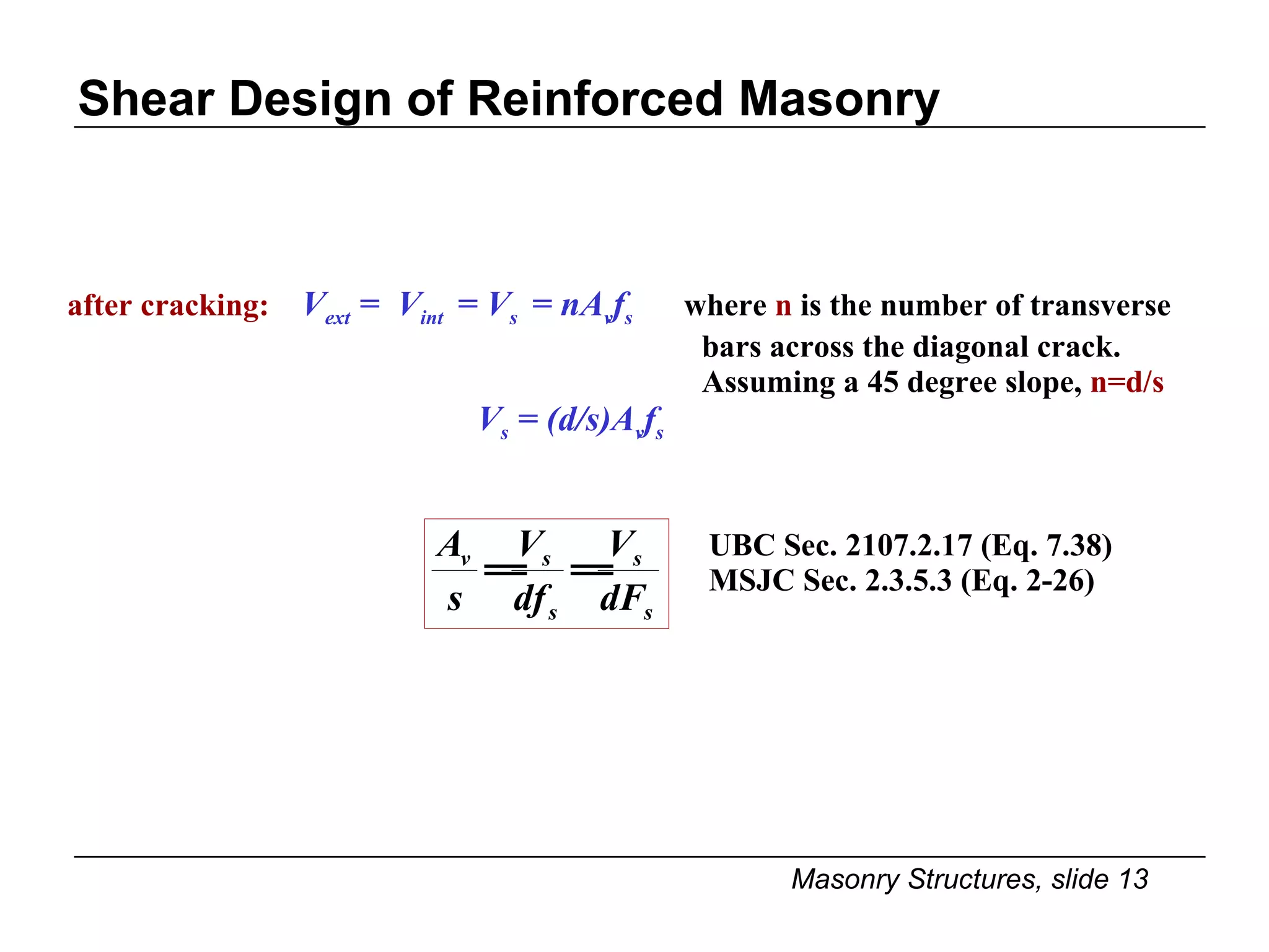Shear Design of Reinforced Masonry after cracking:   V ext  =  V int  = V s  = nA v f s   where  n  is the number of transverse bars across the diagonal crack.  Assuming a 45 degree slope,  n=d/s V s  = (d/s)A v f s UBC Sec. 2107.2.17 (Eq. 7.38) MSJC Sec. 2.3.5.3 (Eq. 2-26) 
