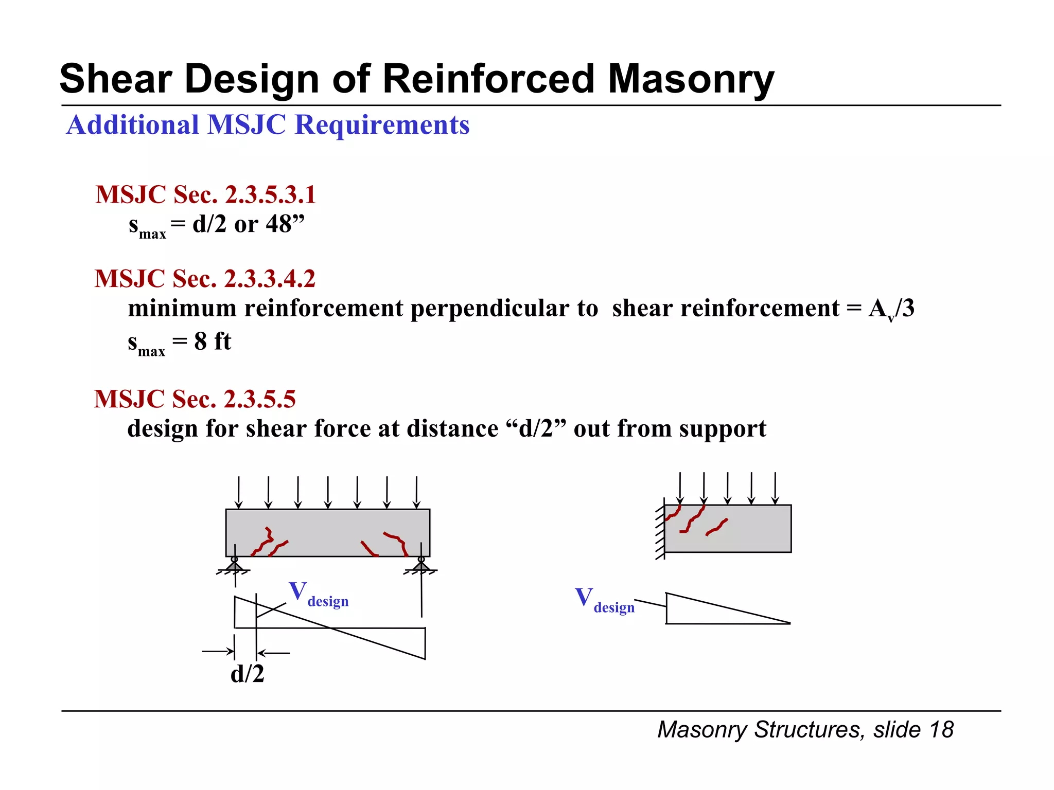 Shear Design of Reinforced Masonry MSJC Sec. 2.3.5.3.1   s max  = d/2 or 48” d/2 V design Additional MSJC Requirements V design MSJC Sec. 2.3.3.4.2   minimum reinforcement perpendicular to  shear reinforcement = A v /3  s max  = 8 ft MSJC Sec. 2.3.5.5 design for shear force at distance “d/2” out from support 