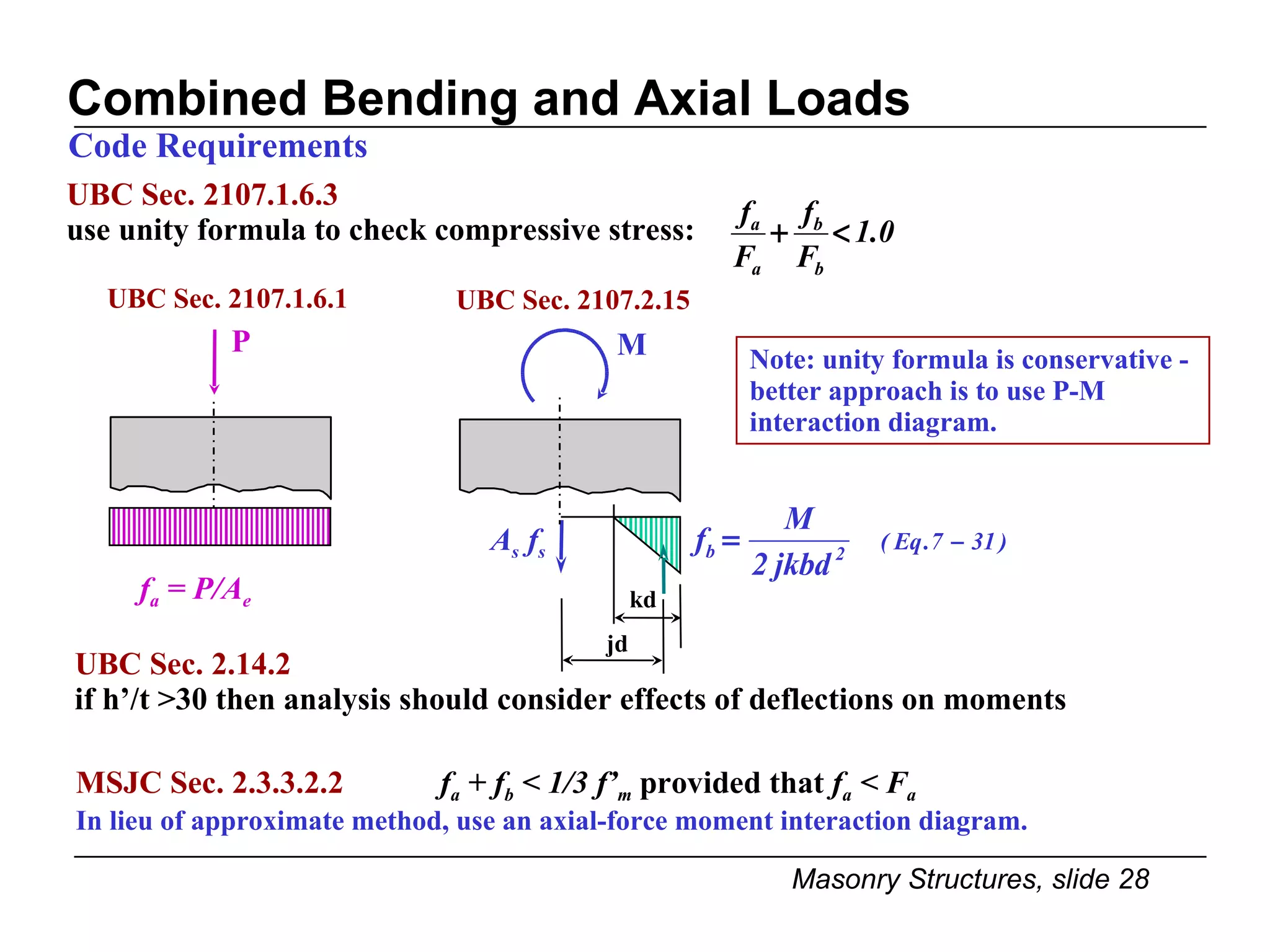 Combined Bending and Axial Loads Code Requirements UBC Sec. 2.14.2 if h’/t >30 then analysis should consider effects of deflections on moments MSJC Sec. 2.3.3.2.2   f a  + f b  < 1/3 f’ m  provided that  f a  < F a In lieu of approximate method, use an axial-force moment interaction diagram. UBC Sec. 2107.1.6.3 use unity formula to check compressive stress:  UBC Sec. 2107.1.6.1 P f a  = P/A e Note: unity formula is conservative - better approach is to use P-M interaction diagram. M UBC Sec. 2107.2.15 A s  f s jd kd 