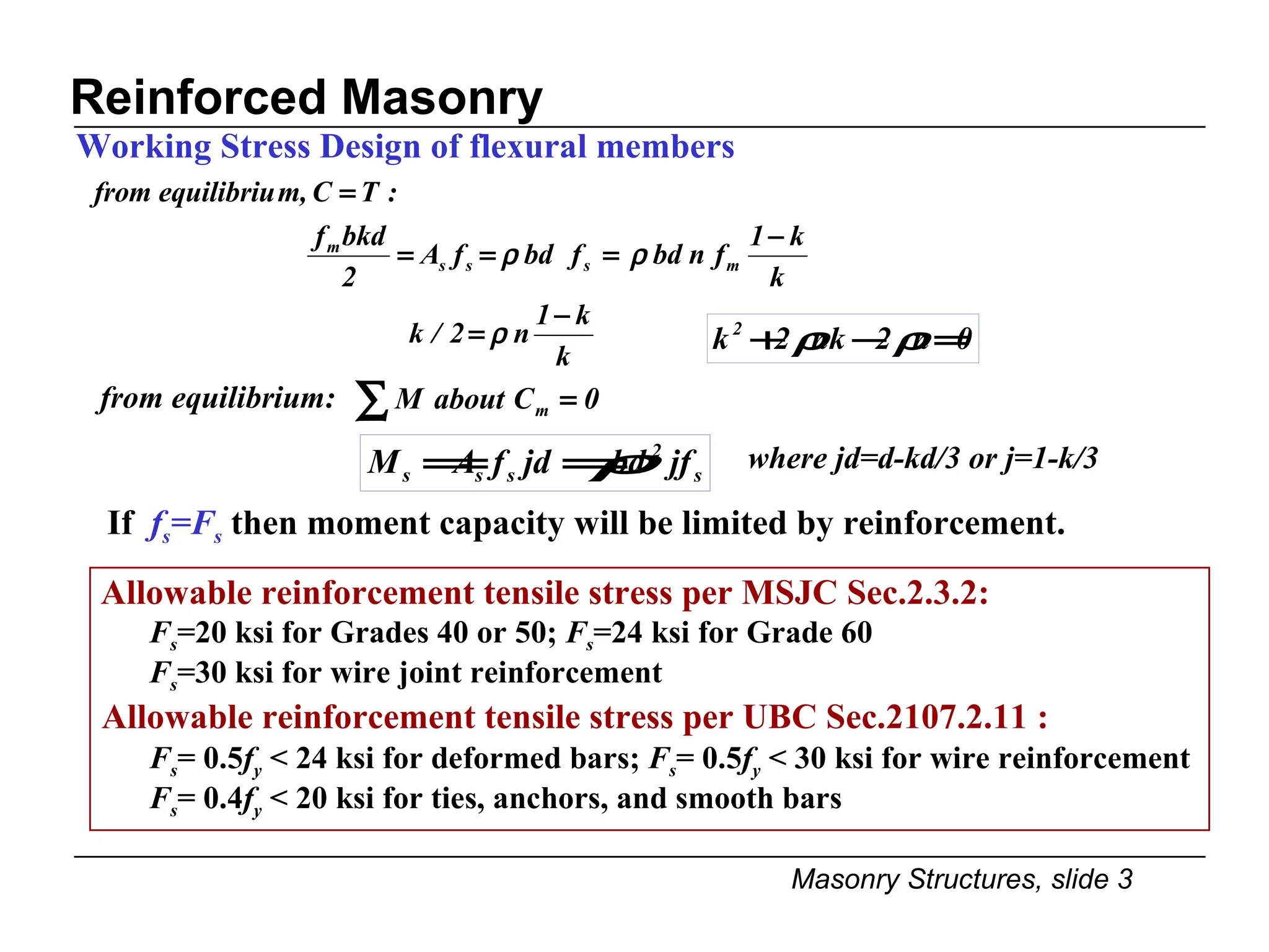Reinforced Masonry Working Stress Design of flexural members If  f s =F s  then moment capacity will be limited by reinforcement. Allowable reinforcement tensile stress per MSJC Sec.2.3.2:   F s =20 ksi for Grades 40 or 50;  F s =24 ksi for Grade 60 F s =30 ksi for wire joint reinforcement Allowable reinforcement tensile stress per UBC Sec.2107.2.11 :   F s = 0.5 f y  < 24 ksi for deformed bars;  F s = 0.5 f y   < 30 ksi for wire reinforcement F s = 0.4 f y   < 20 ksi for ties, anchors, and smooth bars from equilibrium: where jd=d-kd/3 or j=1-k/3 