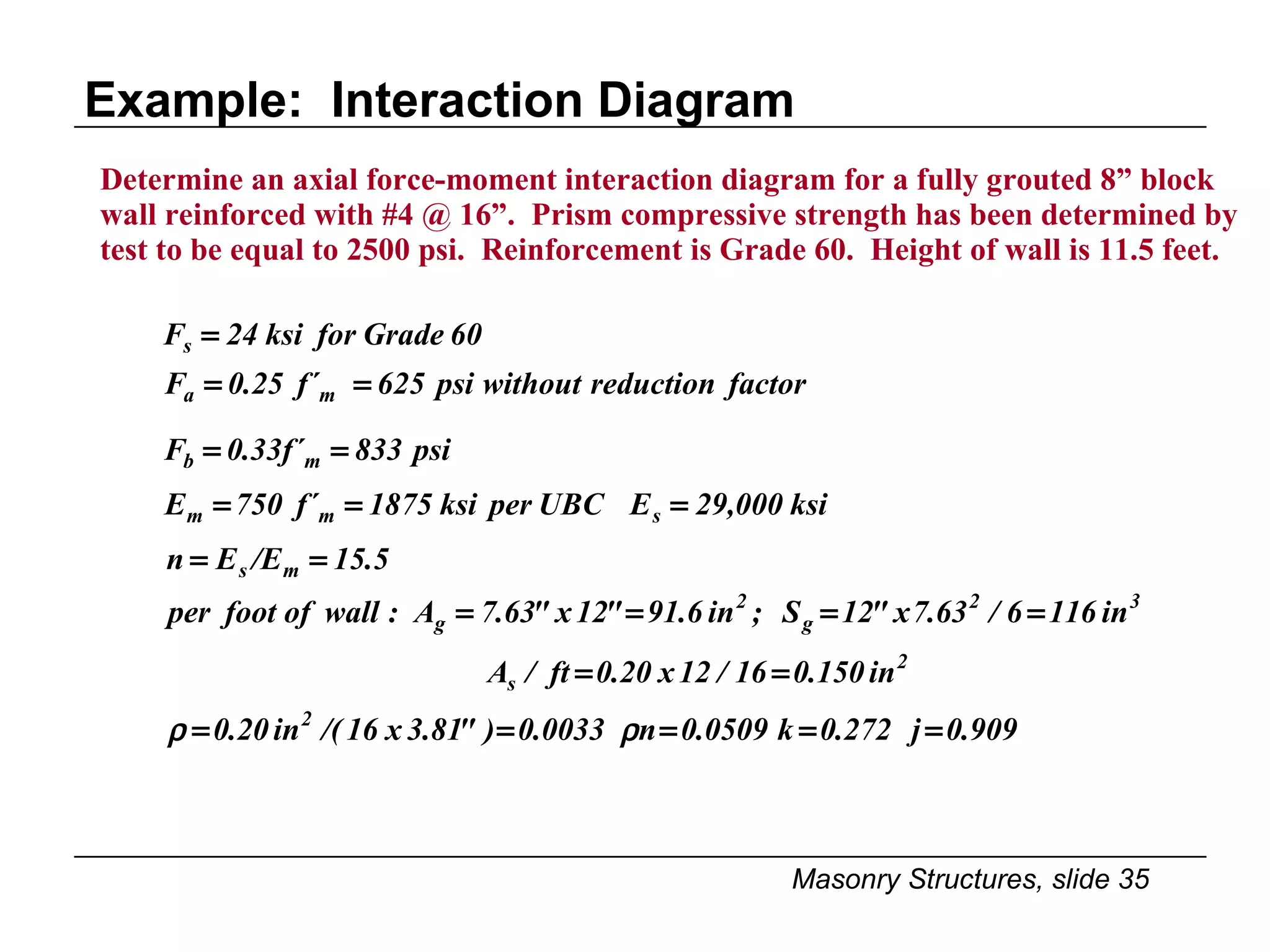 Example:  Interaction Diagram Determine an axial force-moment interaction diagram for a fully grouted 8” block wall reinforced with #4 @ 16”.  Prism compressive strength has been determined by test to be equal to 2500 psi.  Reinforcement is Grade 60.  Height of wall is 11.5 feet. 