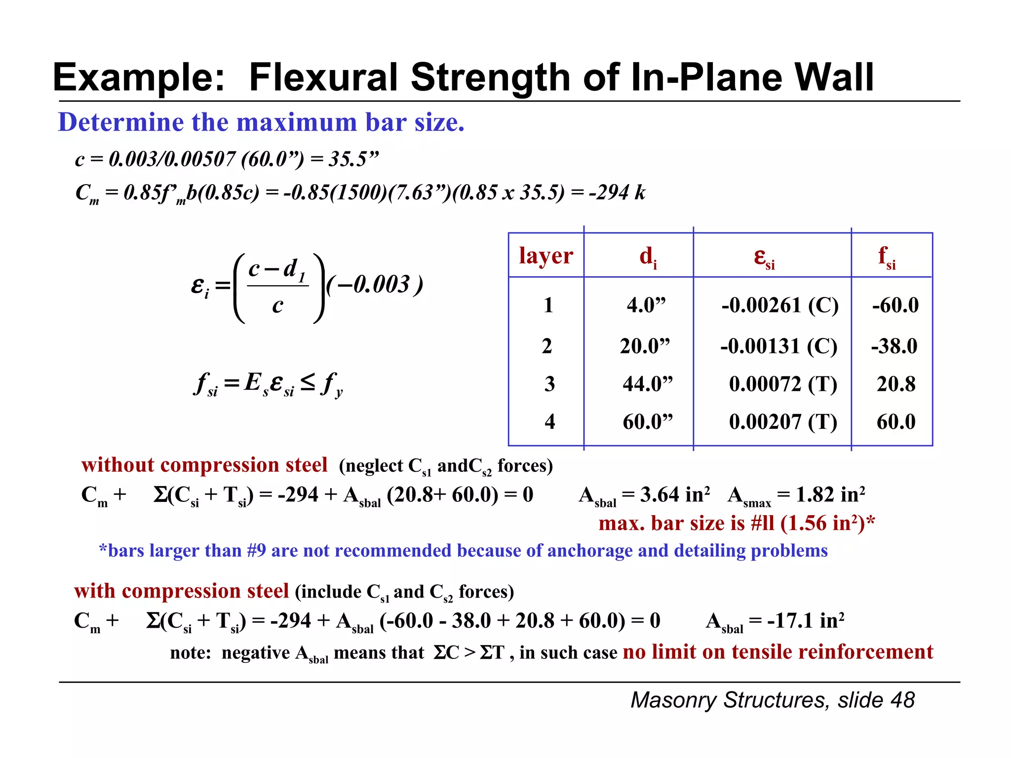 Example:  Flexural Strength of In-Plane Wall c = 0.003/0.00507 (60.0”) = 35.5” C m  = 0.85f’ m b(0.85c) = -0.85(1500)(7.63”)(0.85 x 35.5) = -294 k Determine the maximum bar size.  layer   d i    si   f si with compression steel  (include C s1  and C s2  forces) C m  +   (C si  + T si ) = -294 + A sbal  (-60.0 - 38.0 + 20.8 + 60.0) = 0  A sbal  = -17.1 in 2 note:  negative A sbal  means that   C >   T , in such case  no limit on tensile reinforcement 1  4.0”  -0.00261 (C)  -60.0 2  20.0”  -0.00131 (C)  -38.0 3  44.0”  0.00072 (T)  20.8 4  60.0”  0.00207 (T)  60.0 *bars larger than #9 are not recommended because of anchorage and detailing problems without compression steel  (neglect C s1  andC s2  forces) C m  +   (C si  + T si ) = -294 + A sbal  (20.8+ 60.0) = 0  A sbal  = 3.64 in 2   A smax  = 1.82 in 2 max. bar size is #ll (1.56 in 2 )* 